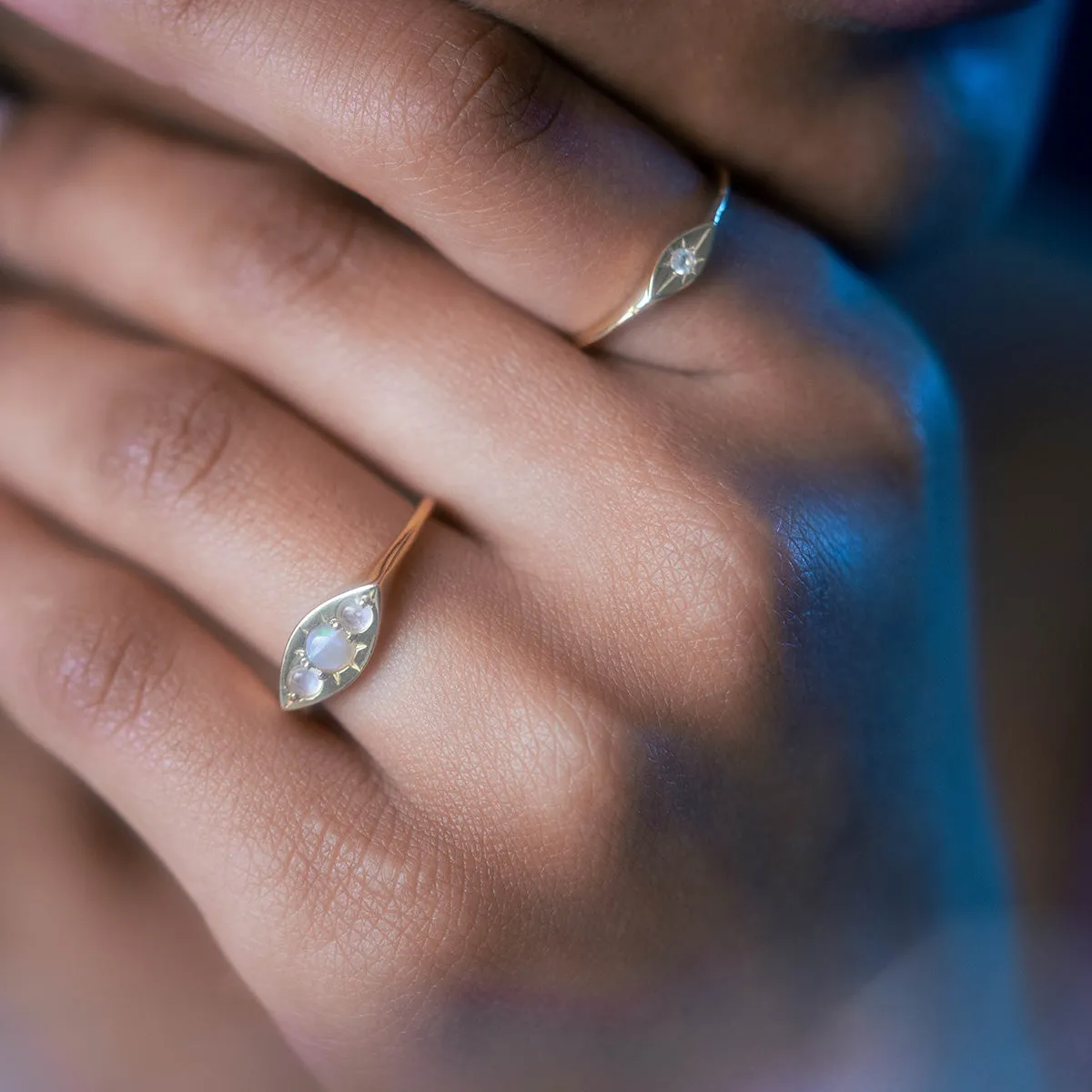 Solid Gold Delicate Moonstone Evil Eye Signet Ring