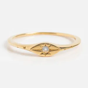 Solid Gold Delicate Moonstone Evil Eye Signet Ring