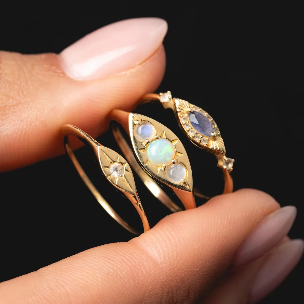 Solid Gold Delicate Moonstone Evil Eye Signet Ring