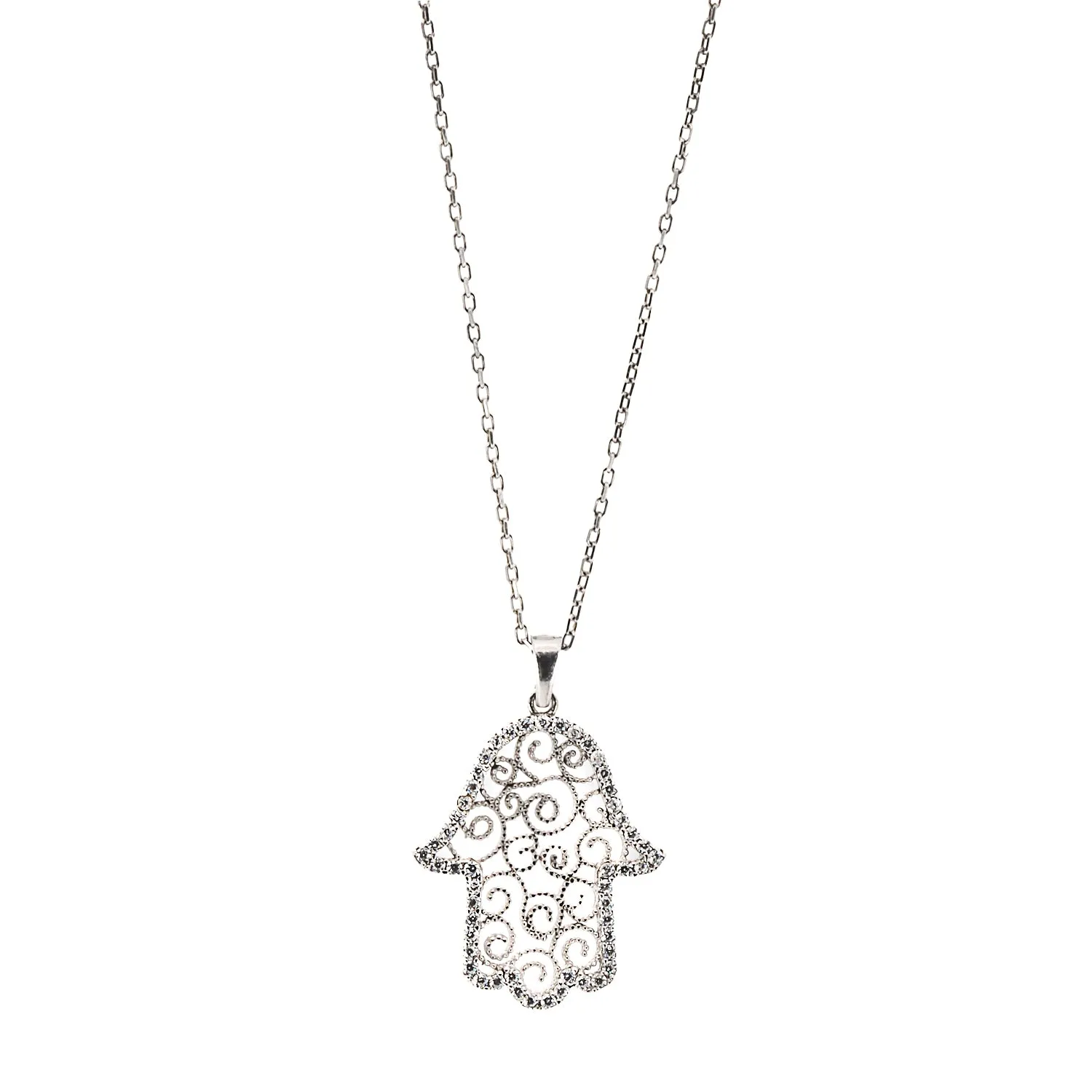 Spiral Design Hamsa Sterling Silver & Diamond Necklace