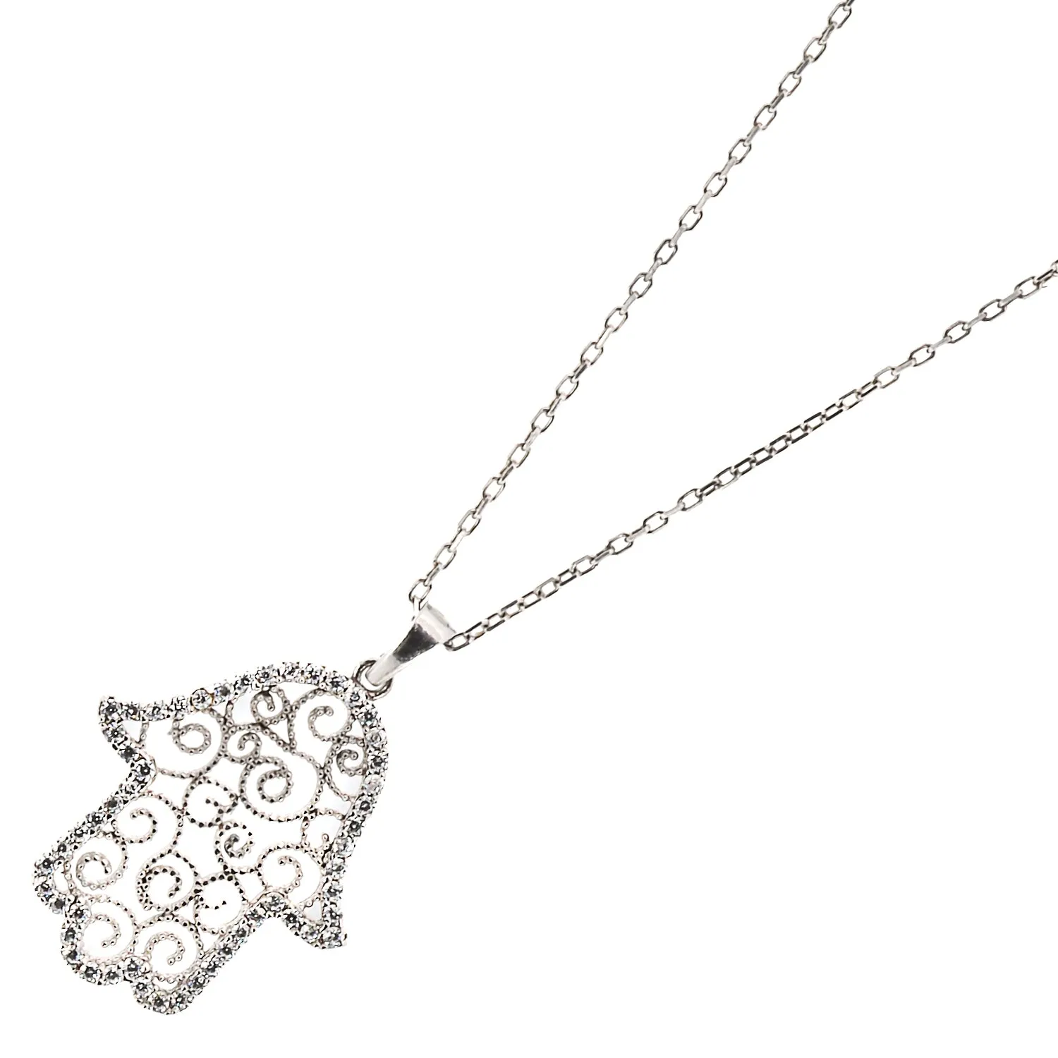 Spiral Design Hamsa Sterling Silver & Diamond Necklace