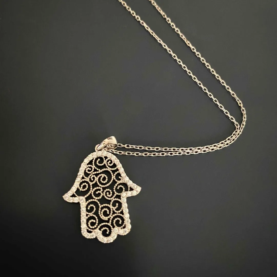 Spiral Design Hamsa Sterling Silver & Diamond Necklace