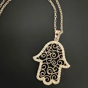 Spiral Design Hamsa Sterling Silver & Diamond Necklace