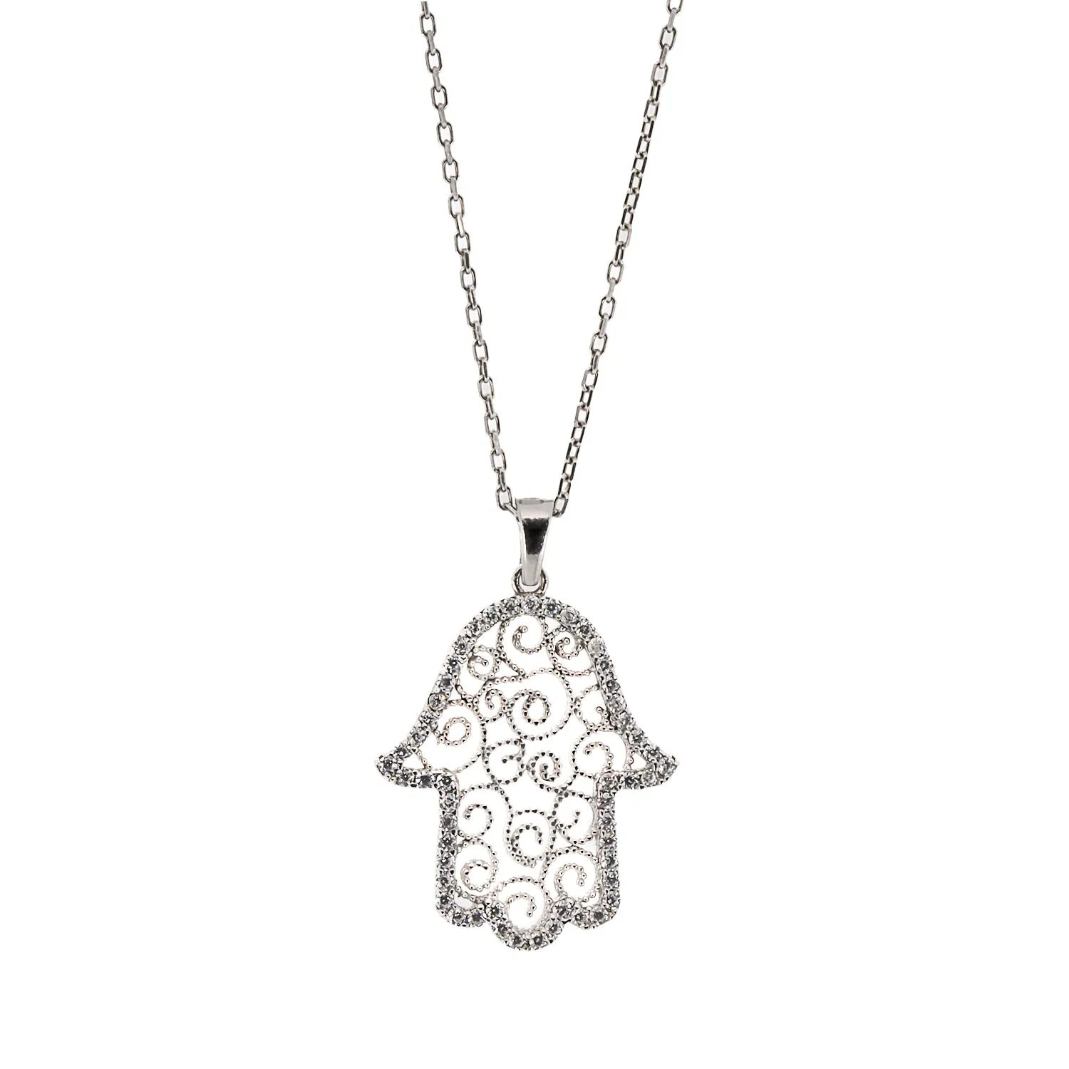 Spiral Design Hamsa Sterling Silver & Diamond Necklace