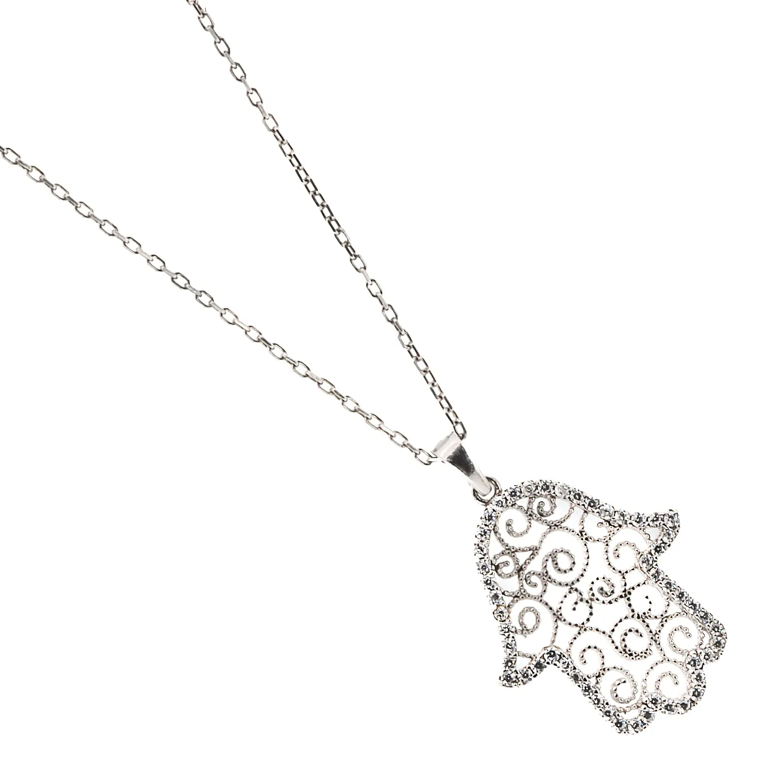 Spiral Design Hamsa Sterling Silver & Diamond Necklace