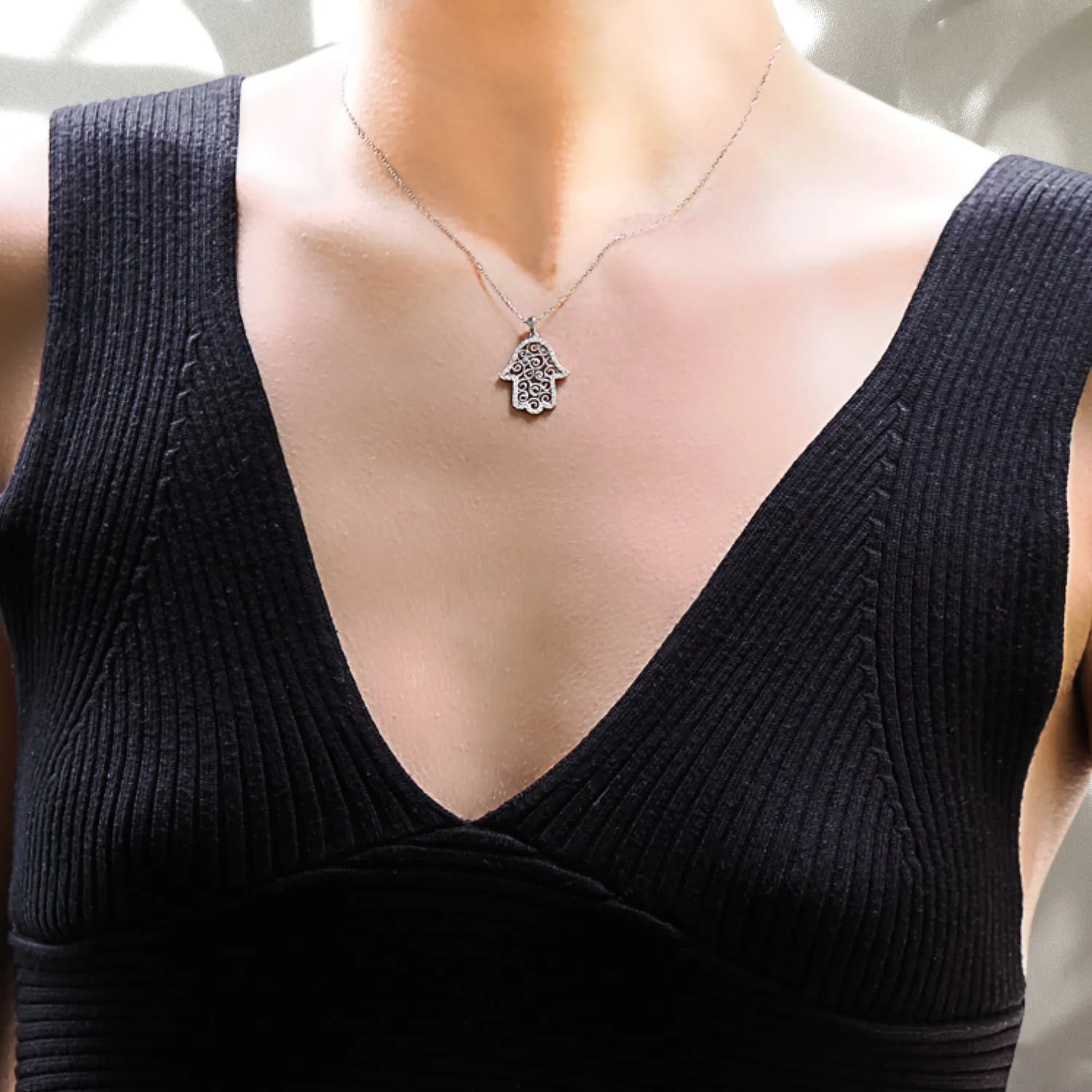 Spiral Design Hamsa Sterling Silver & Diamond Necklace