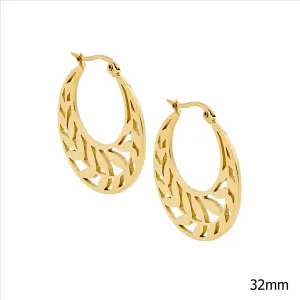 Stainless Steel Gold IP Plated Leaf Feature Hoop Earrings 32mm SE240G