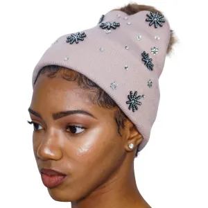 Starburst and rhinestone pom pom beanie