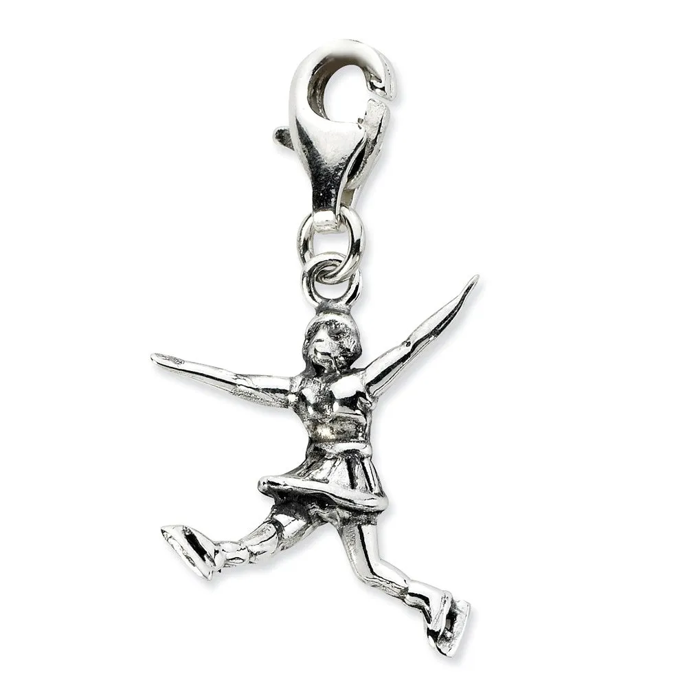 Sterling Silver 3.D Antiqued Figure Skater w/Lobster Clasp Charm