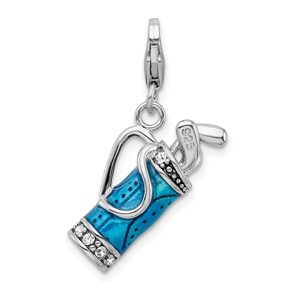 Sterling Silver Amore La Vita Rhod-pl Enameled 3-D Golf Bag Clubs Charm