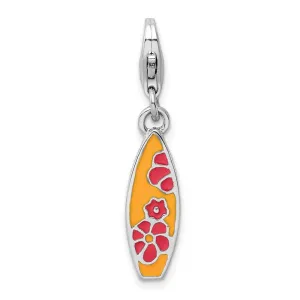Sterling Silver Amore La Vita Rhod-pl Enameled Surf Board Flowers Charm