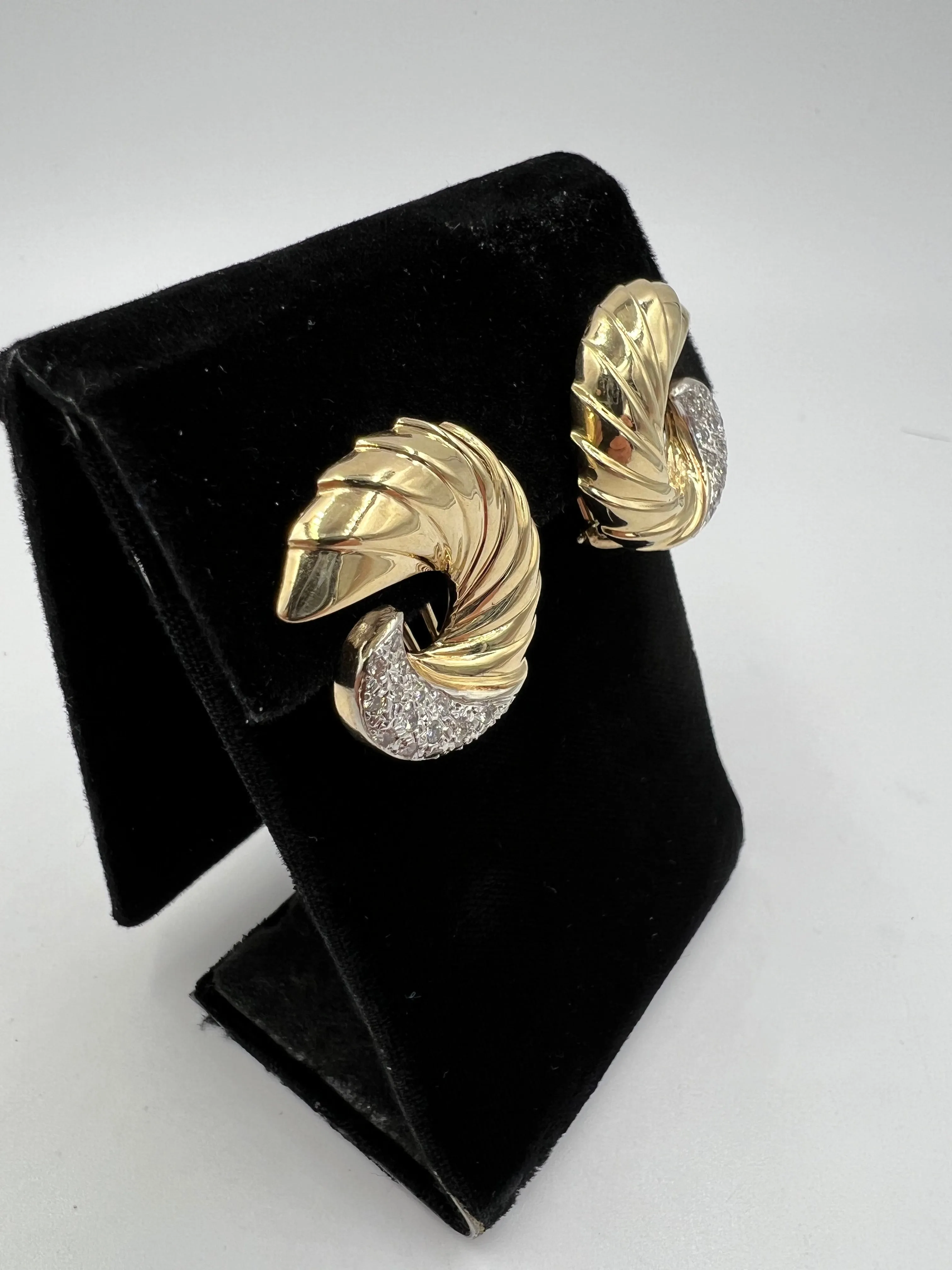 Swirl Yellow Gold Diamond Clip And Post Earrings