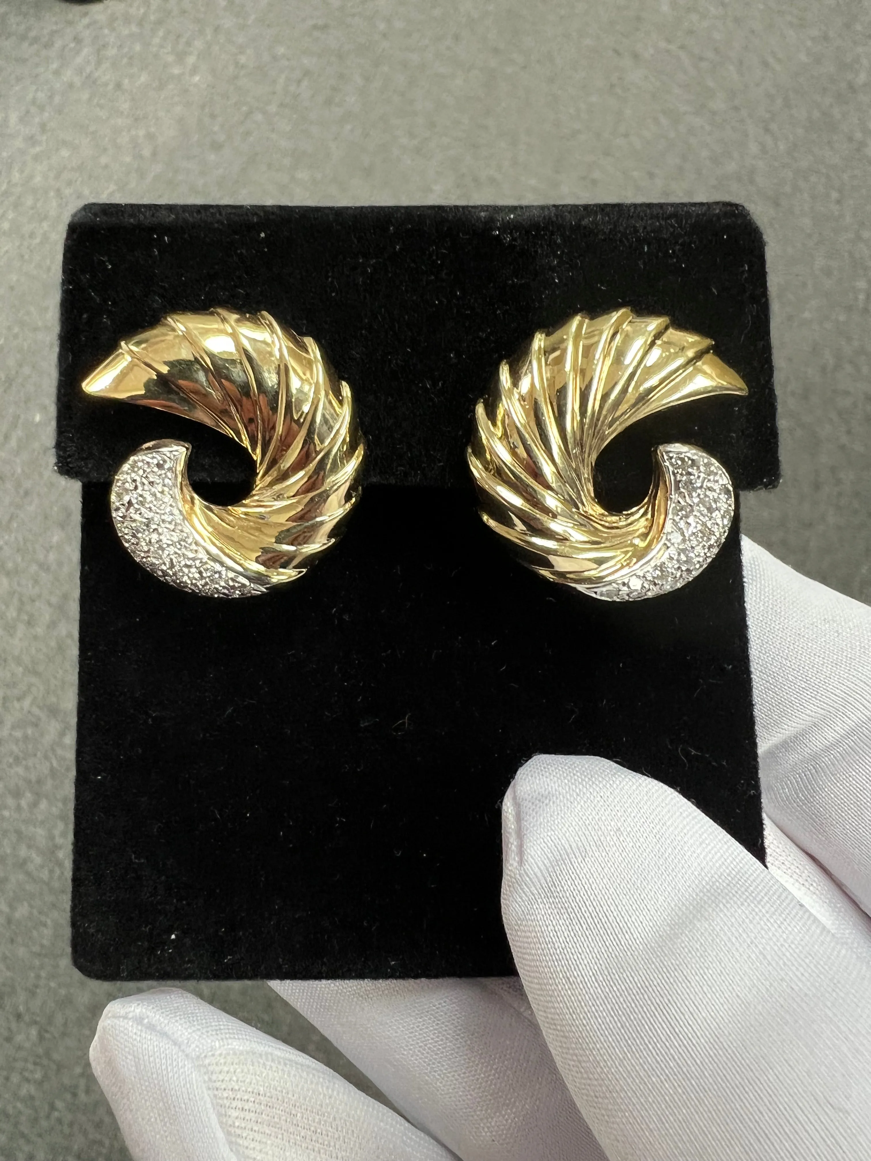 Swirl Yellow Gold Diamond Clip And Post Earrings