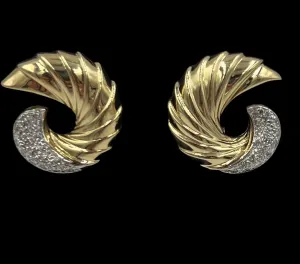 Swirl Yellow Gold Diamond Clip And Post Earrings