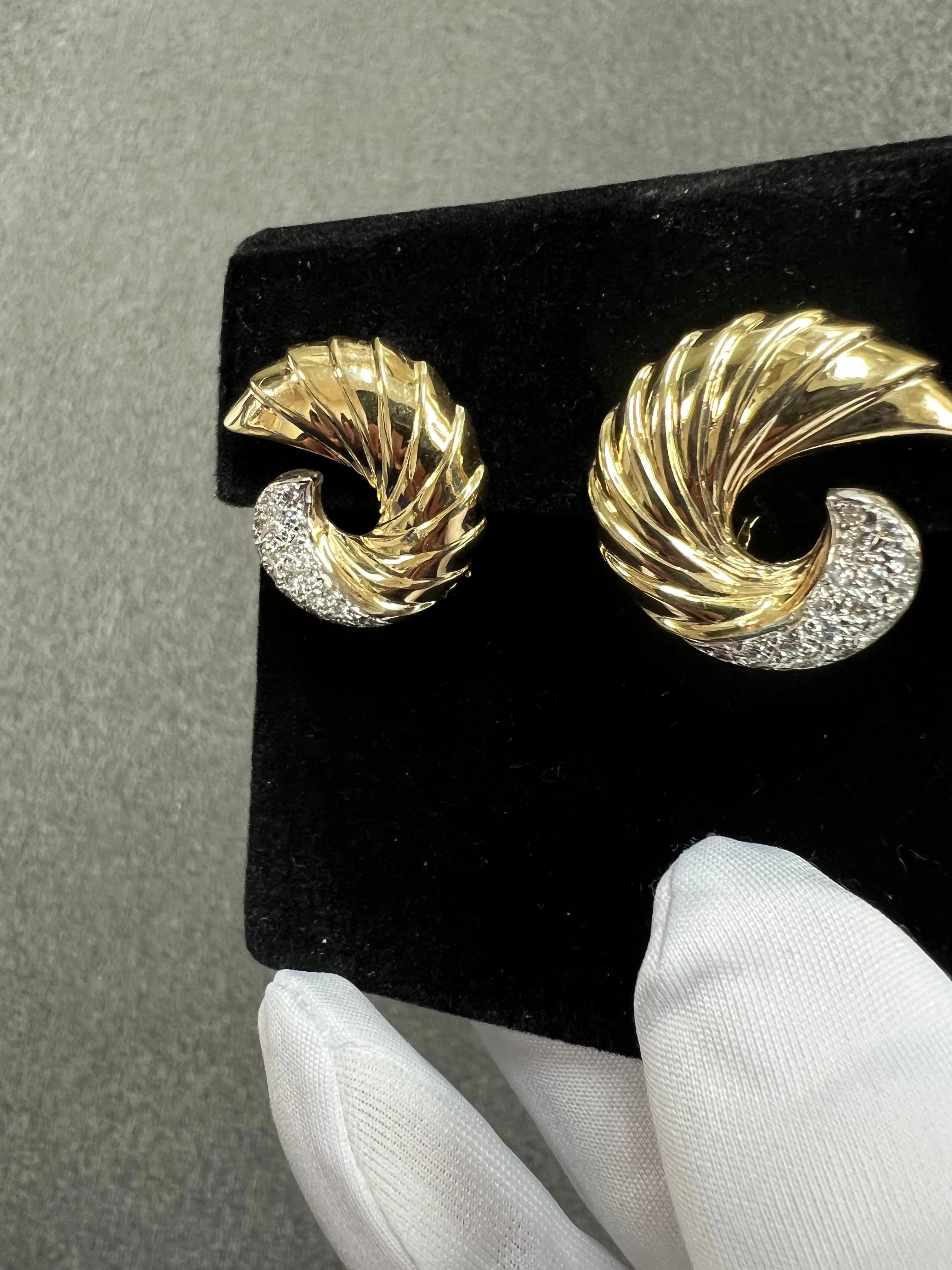 Swirl Yellow Gold Diamond Clip And Post Earrings