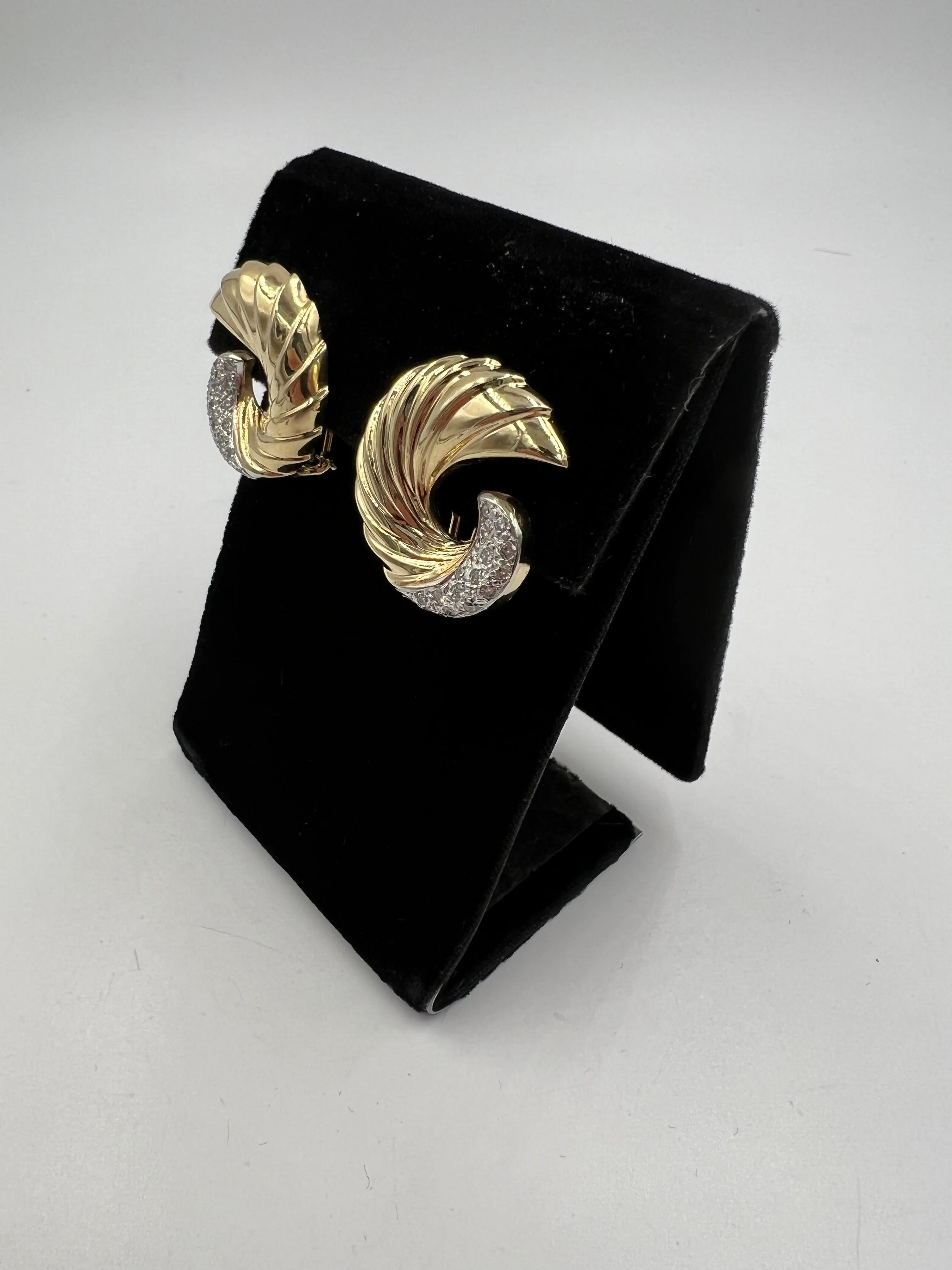 Swirl Yellow Gold Diamond Clip And Post Earrings