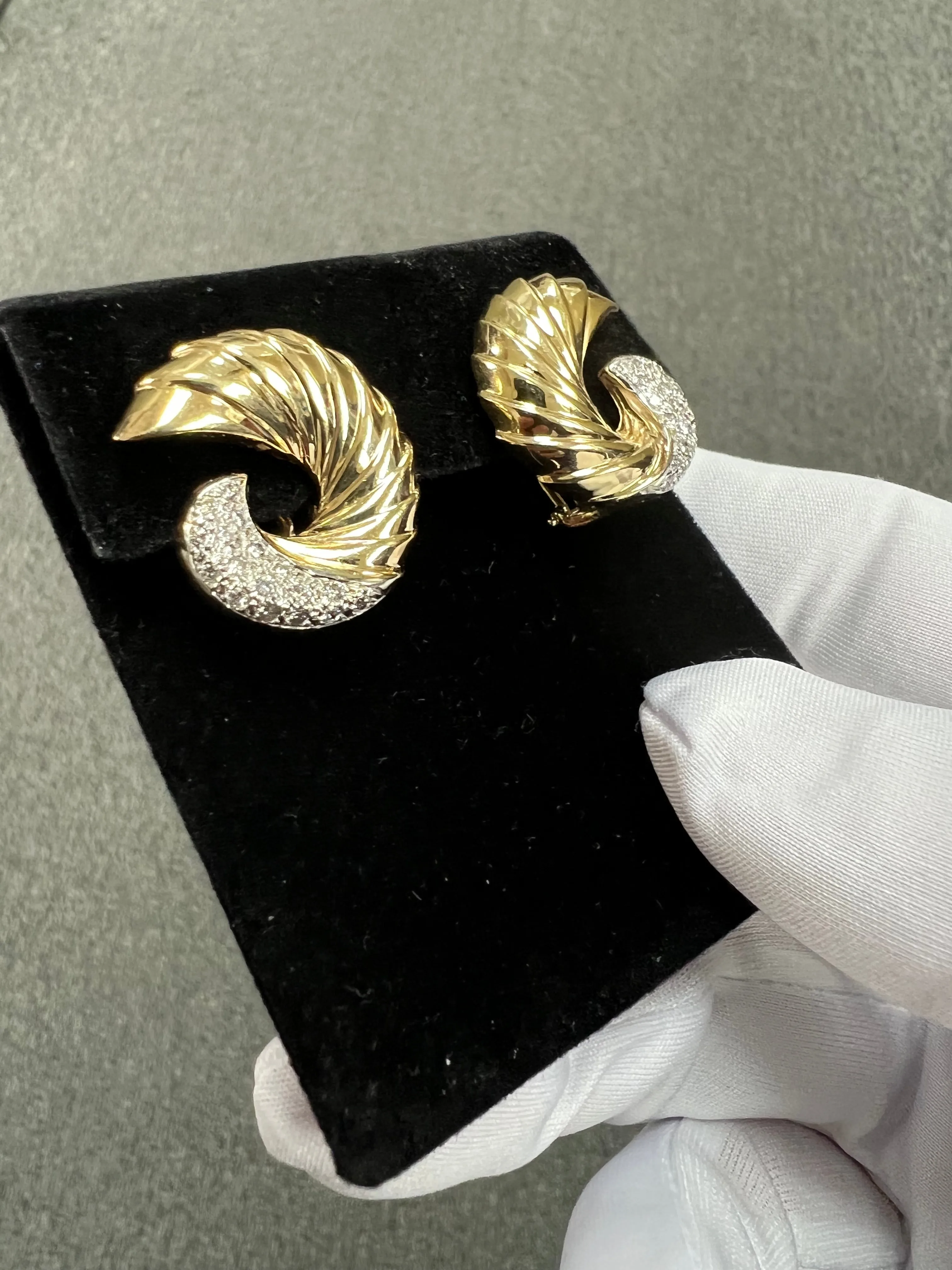Swirl Yellow Gold Diamond Clip And Post Earrings