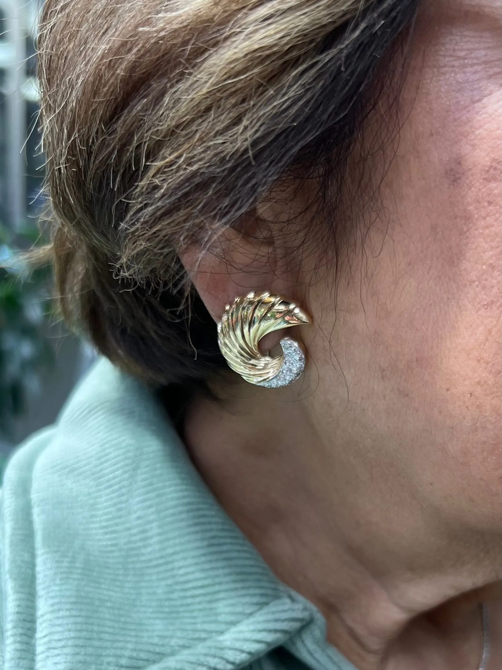 Swirl Yellow Gold Diamond Clip And Post Earrings