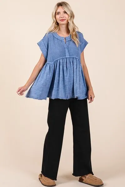 Tip Top Chic Mineral Wash Babydoll Short Sleeve Blouse