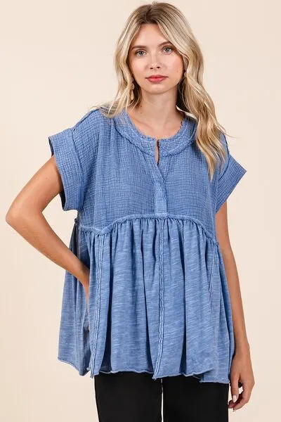 Tip Top Chic Mineral Wash Babydoll Short Sleeve Blouse