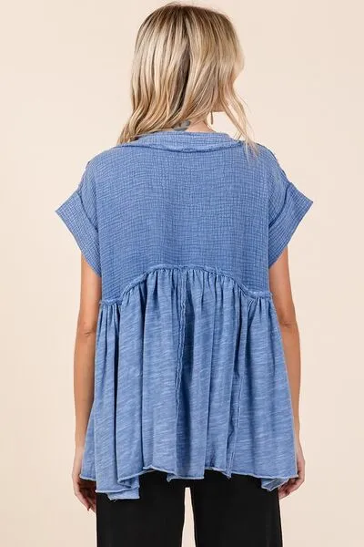 Tip Top Chic Mineral Wash Babydoll Short Sleeve Blouse
