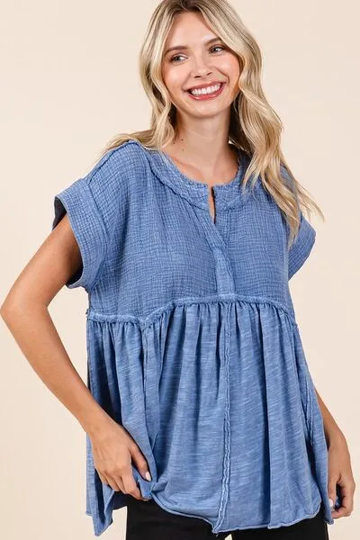 Tip Top Chic Mineral Wash Babydoll Short Sleeve Blouse