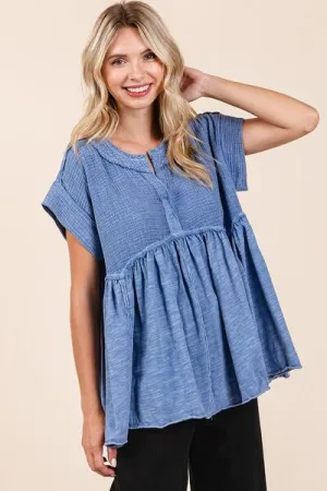 Tip Top Chic Mineral Wash Babydoll Short Sleeve Blouse