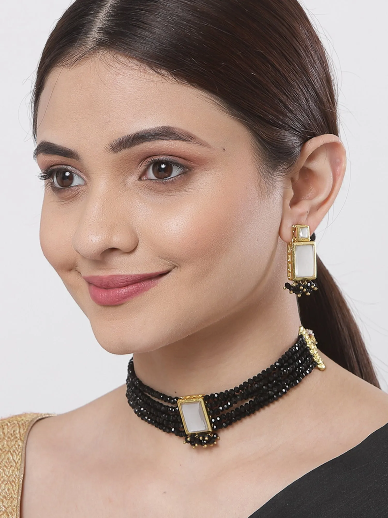 Traditional Black Crystal Kundan Choker Necklace Set