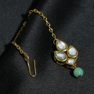 Traditional Gold Plated Mint Green Beads Kundan Maangtikka for Women