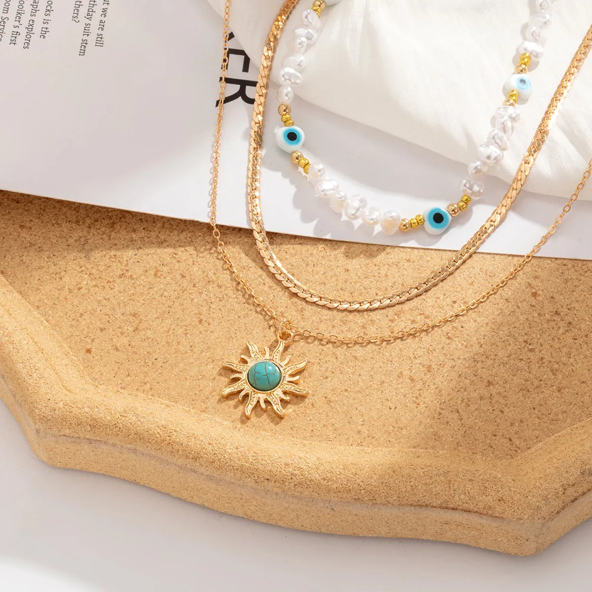 Turquoise & Pearl Sun Necklace Set