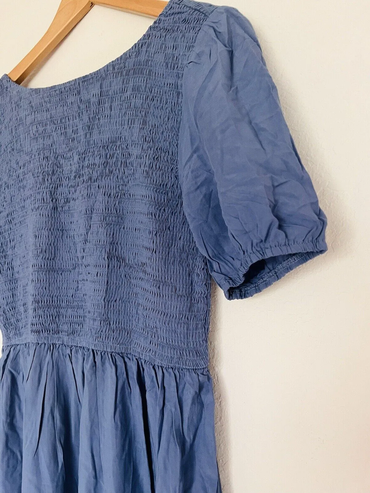 UNBRANDED Smocked Tiered Maxi Dress Sz L Blue Puff Sleeve Long Peasant Boho