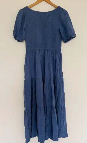 UNBRANDED Smocked Tiered Maxi Dress Sz L Blue Puff Sleeve Long Peasant Boho