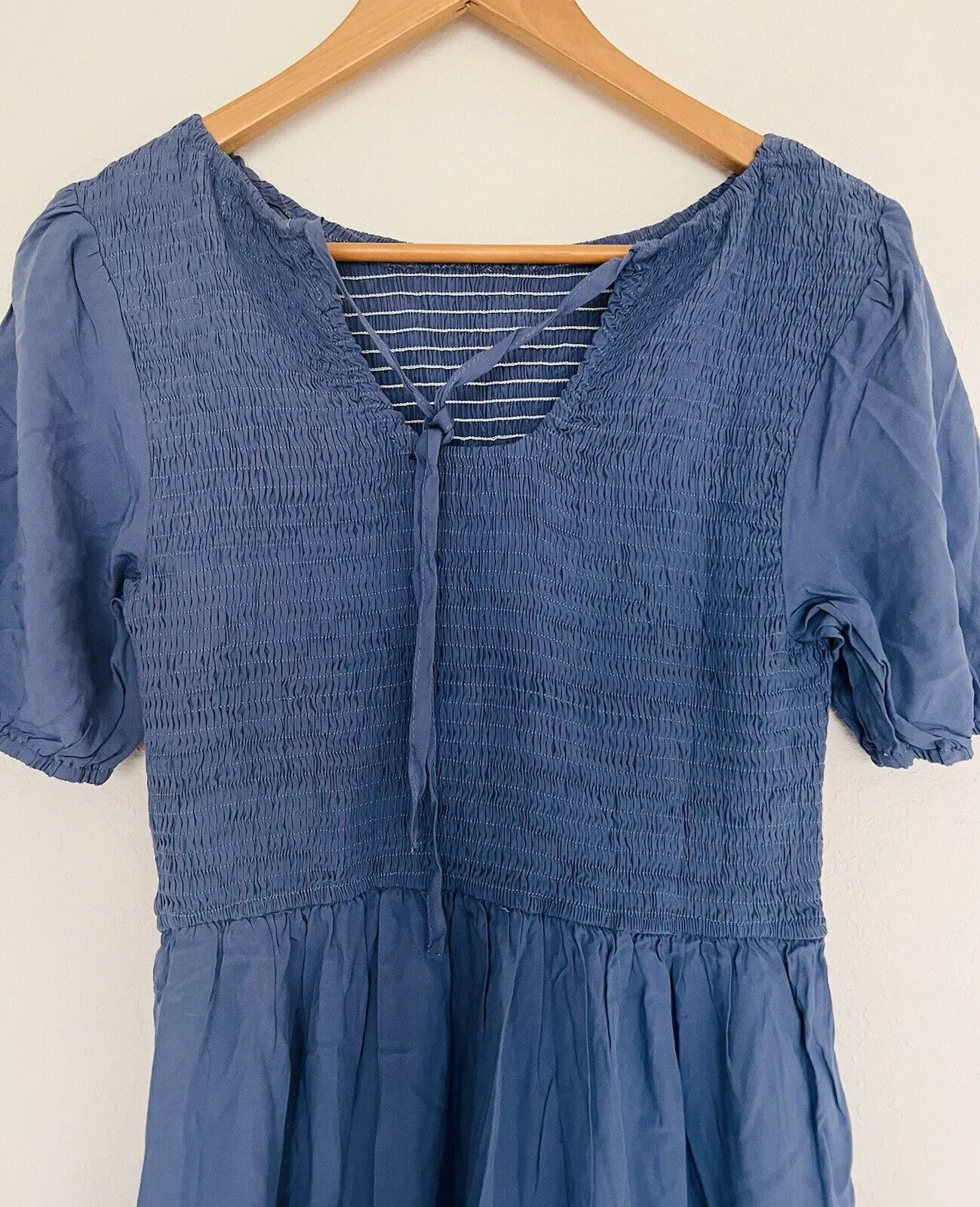 UNBRANDED Smocked Tiered Maxi Dress Sz L Blue Puff Sleeve Long Peasant Boho