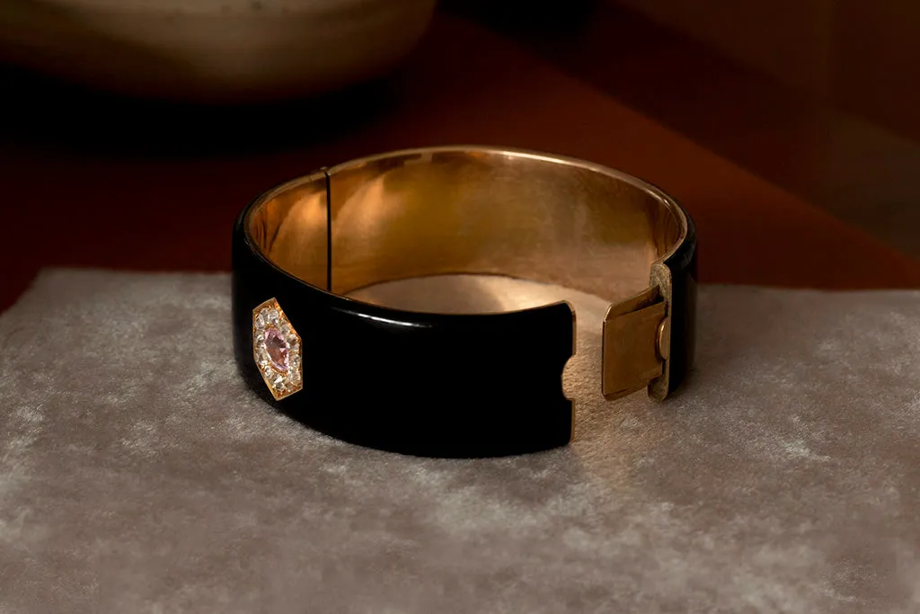 Victorian Black Enamel Bangle with Pink Topaz & Diamond