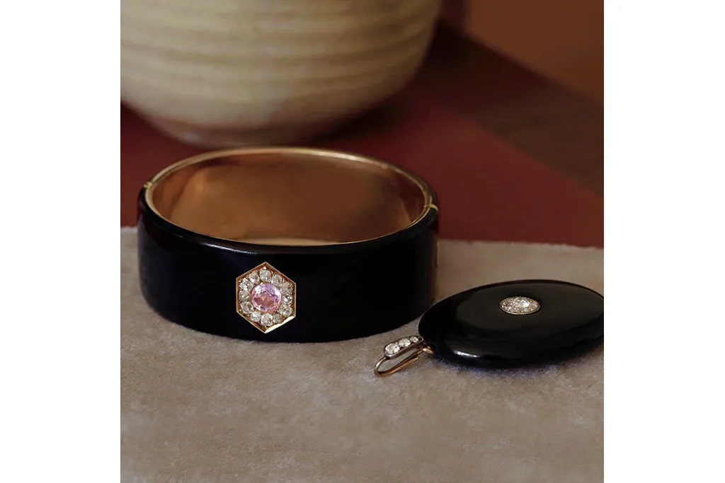 Victorian Black Enamel Bangle with Pink Topaz & Diamond