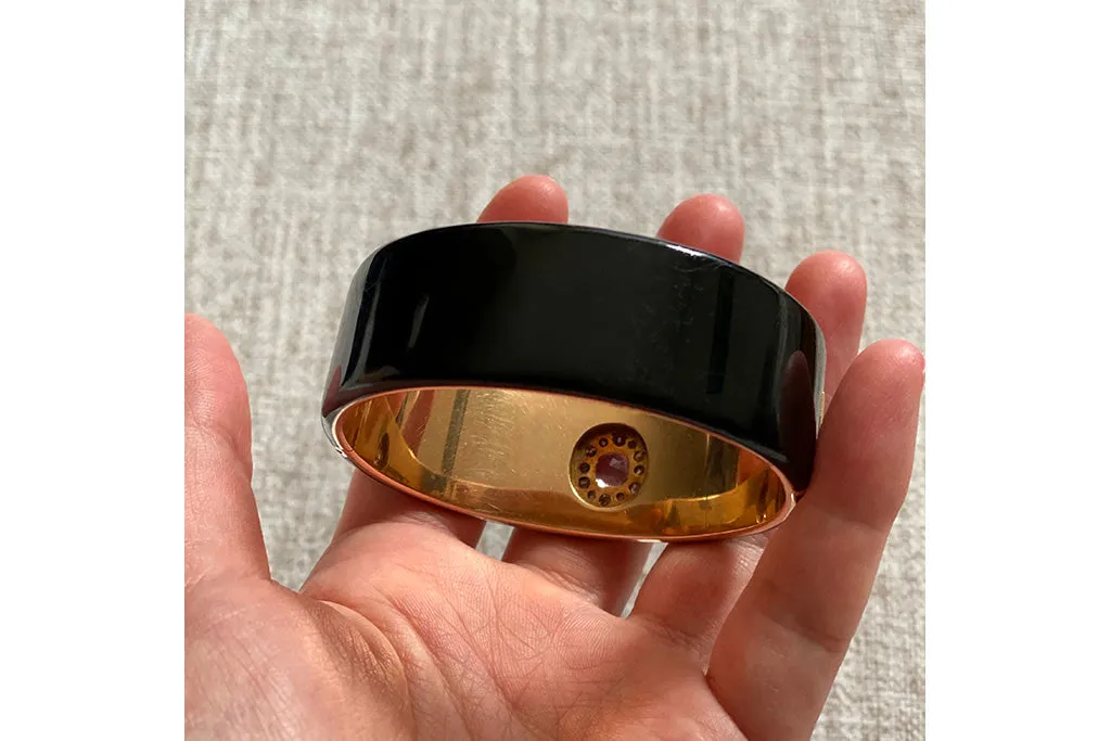 Victorian Black Enamel Bangle with Pink Topaz & Diamond