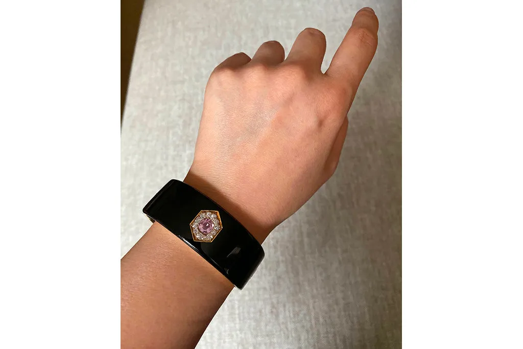 Victorian Black Enamel Bangle with Pink Topaz & Diamond
