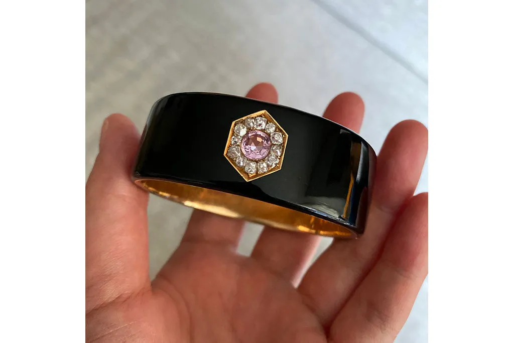 Victorian Black Enamel Bangle with Pink Topaz & Diamond