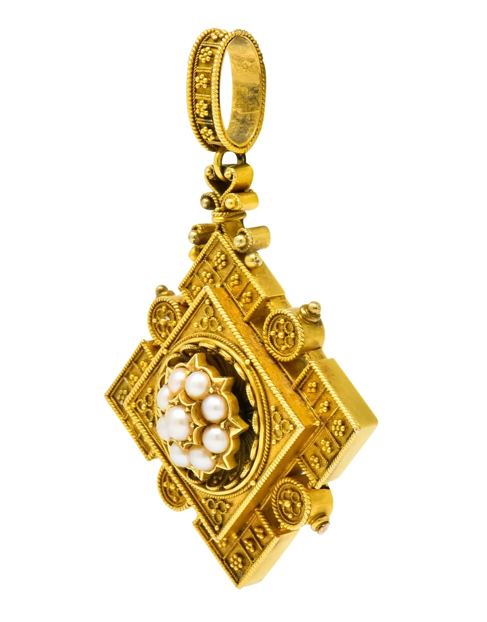 Victorian Etruscan Revival Natural Pearl 18 Karat Gold Pendant