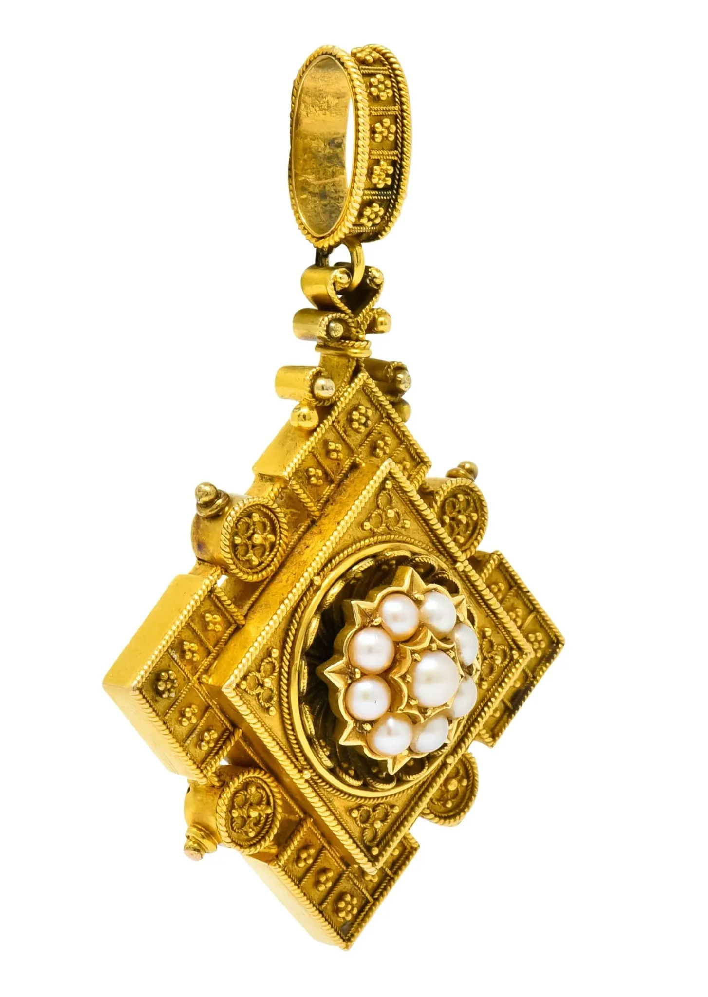 Victorian Etruscan Revival Natural Pearl 18 Karat Gold Pendant