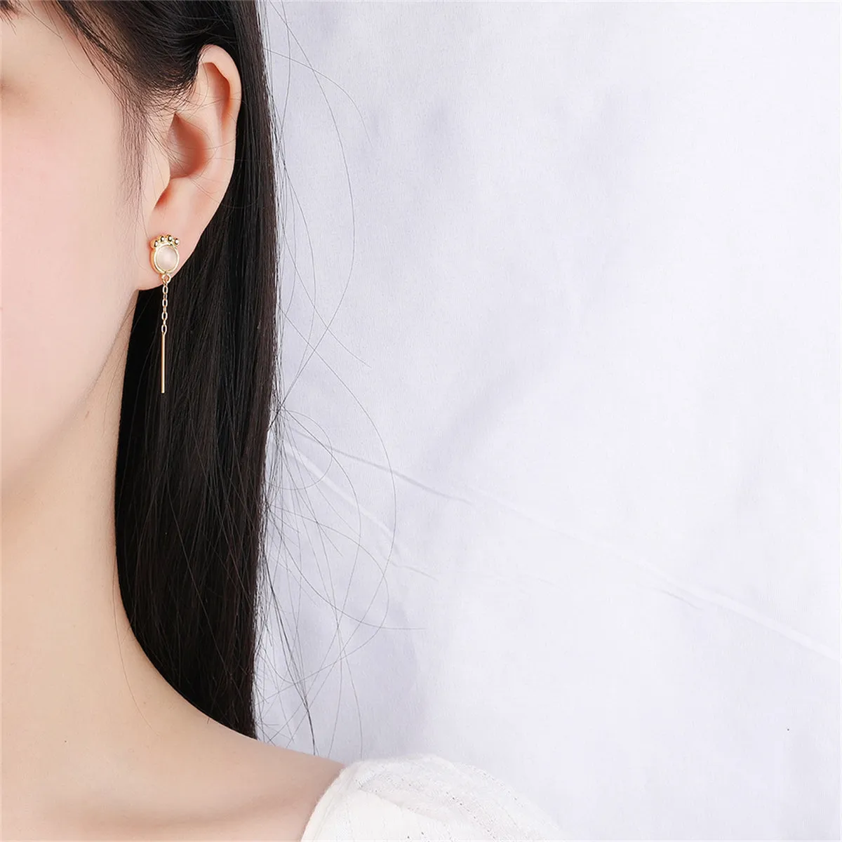 White Cat Eye & 18K Gold-Plated Kitty Mismatching Drop Earrings