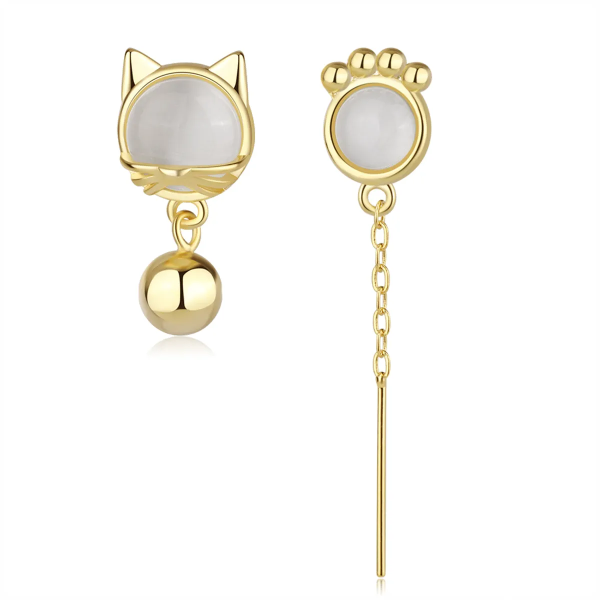 White Cat Eye & 18K Gold-Plated Kitty Mismatching Drop Earrings