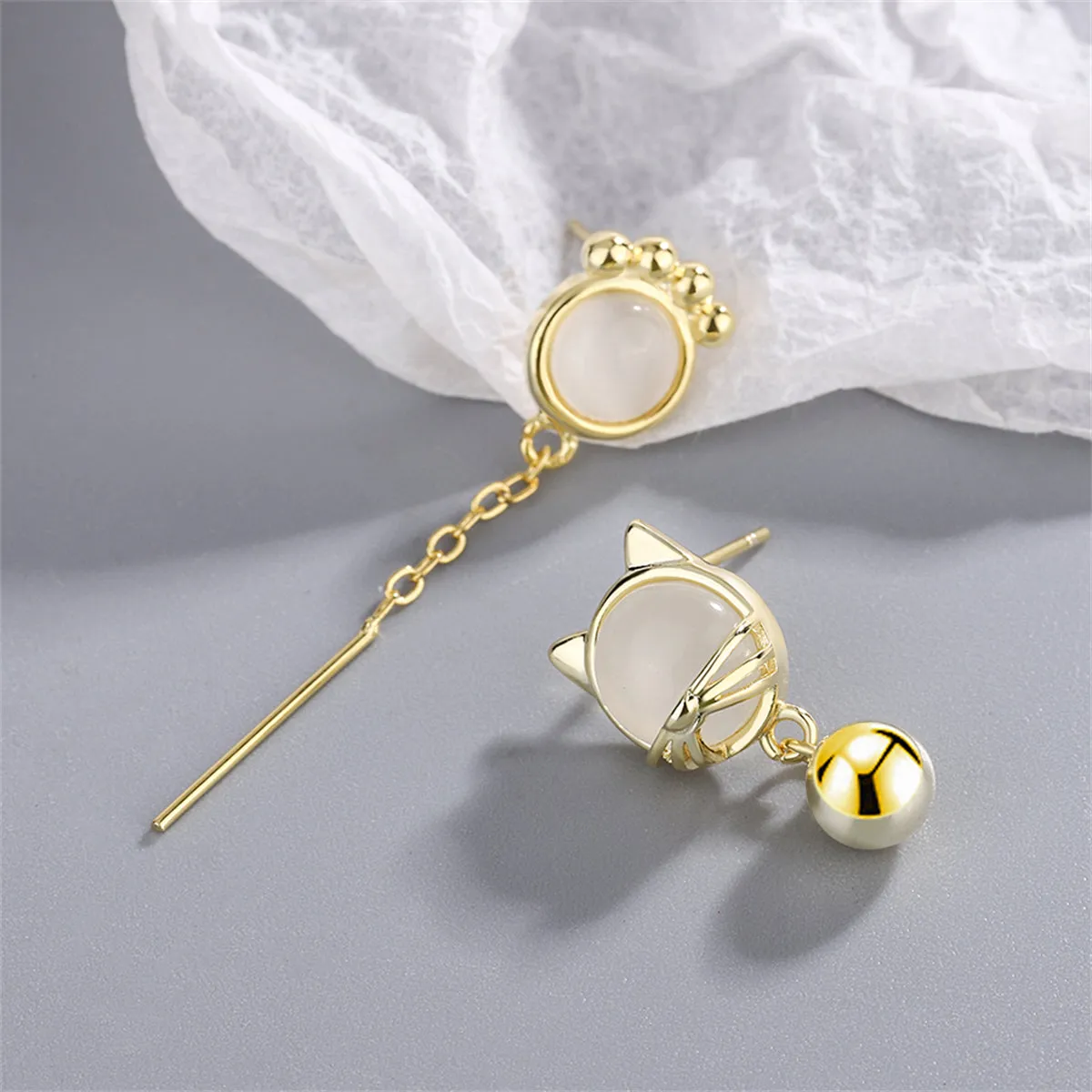 White Cat Eye & 18K Gold-Plated Kitty Mismatching Drop Earrings