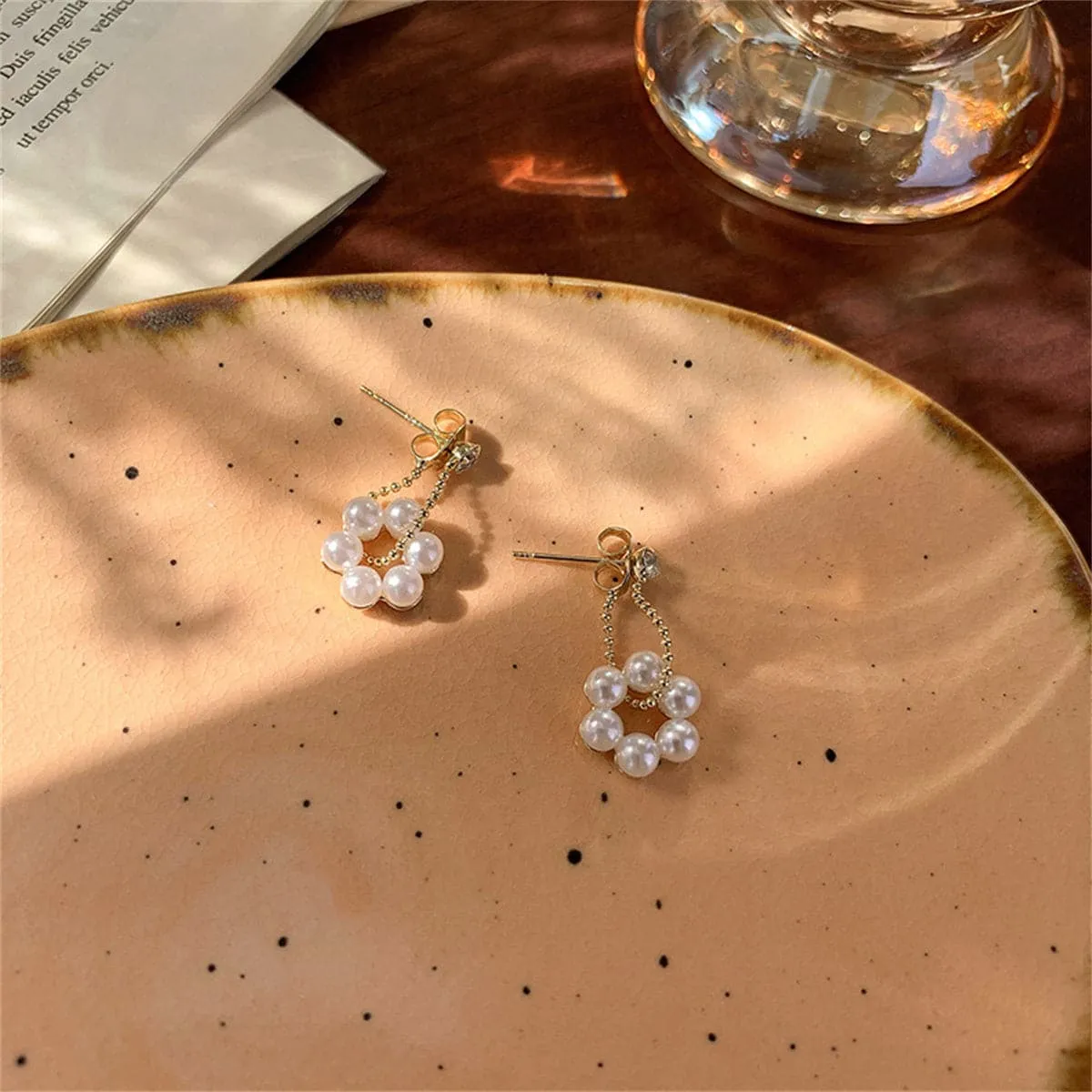 White Cubic Zirconia & Pearl 18K Gold-Plated Floral Drop Earring