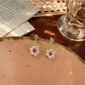 White Cubic Zirconia & Pearl 18K Gold-Plated Floral Drop Earring