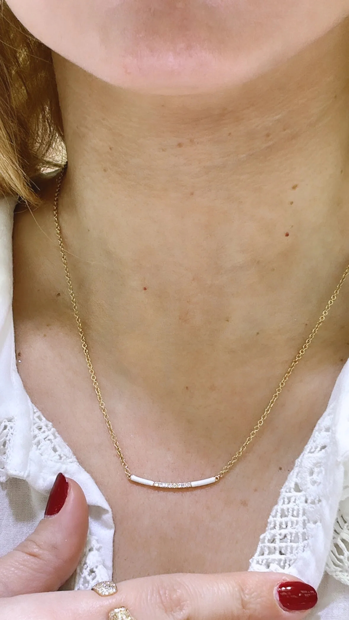 White Enamel and Diamond 0.10ct tw Bar Necklace