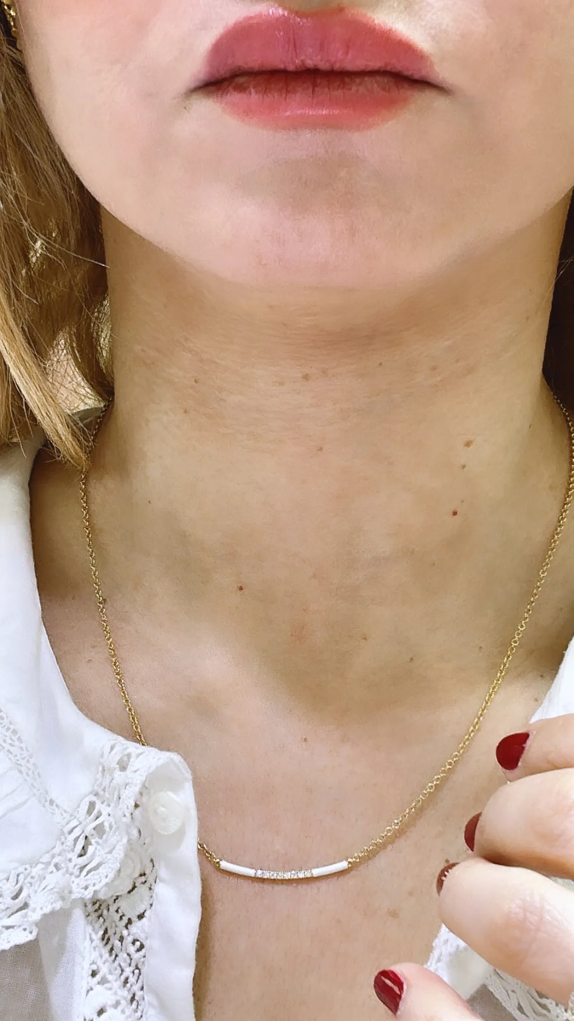 White Enamel and Diamond 0.10ct tw Bar Necklace