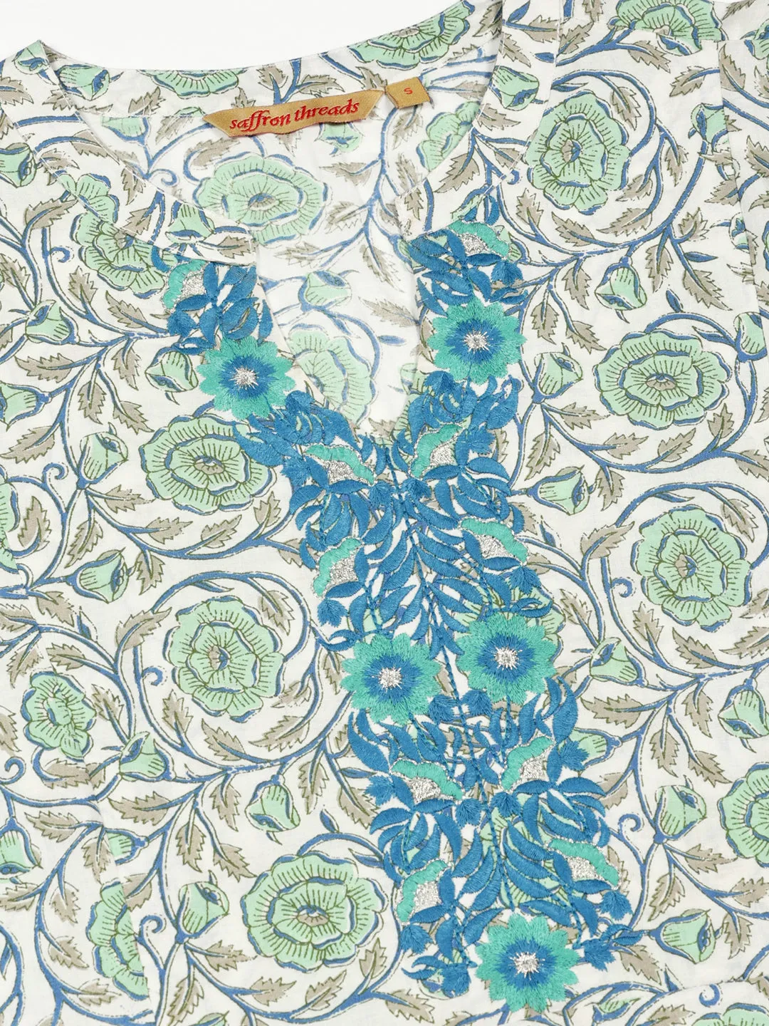 White-Green Floral Print Kurta with Neck Embroidery