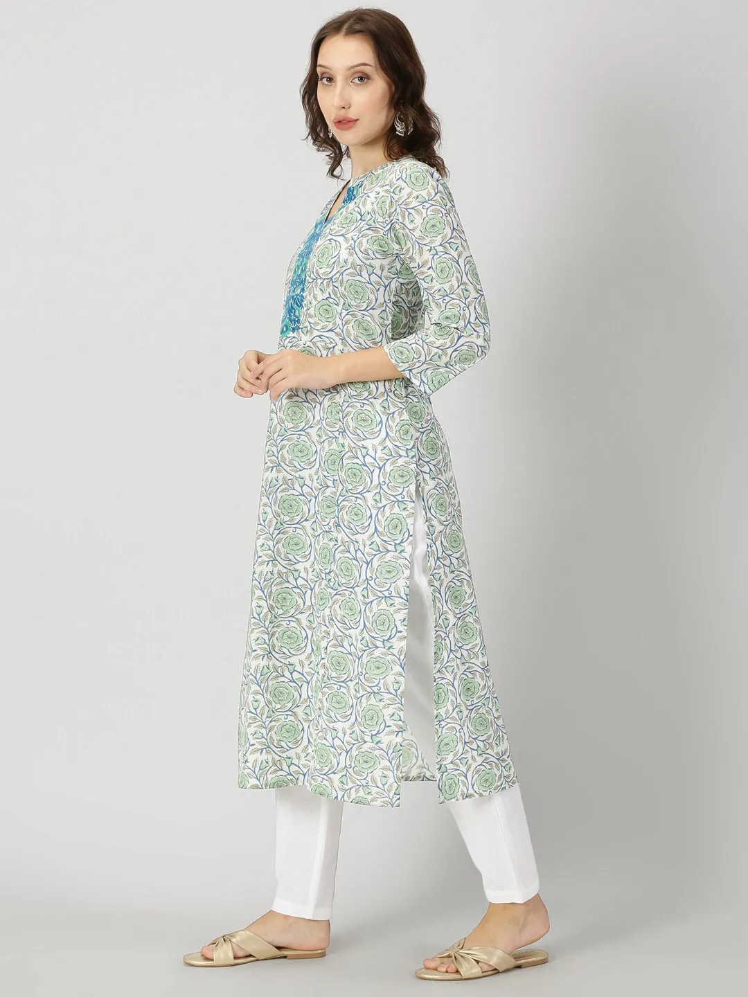 White-Green Floral Print Kurta with Neck Embroidery