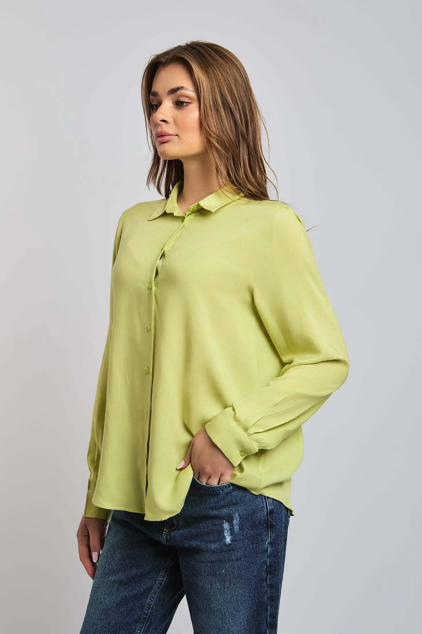 Women Blouse Long Sleeve Viscose Basic Green